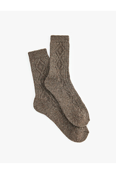 Koton Thick Sheep Wool Blend Diamond Pattern Textured Socks