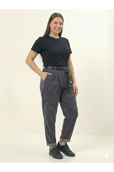 della moor Women's Gray Italian Wide Fit Belted L Stretch Fabric Velvet Trousers 42 - 50 Size Range