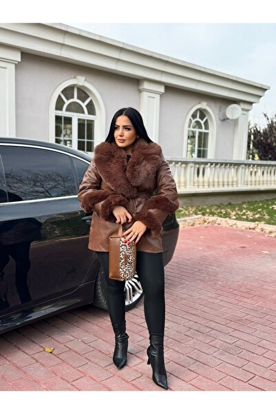 Göker Life Takma yaka kısa kaban kahverengi