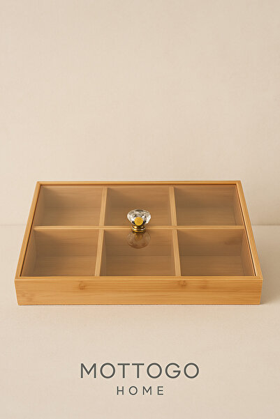 Mottogo Bamboo 6-Compartment Organizer with Lid Presentation and Organization Box with Lid (Jewelry, Nuts, Breakfast)