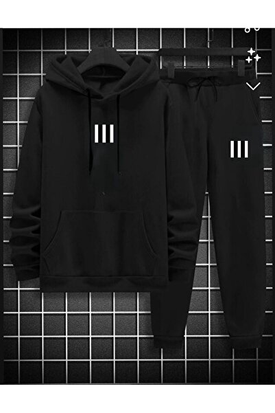 ALCİNOUS Black Three Stripes Printed Kangaroo Pocket Cap Hooded Eatshirt and Trackpants Two-Piece Set