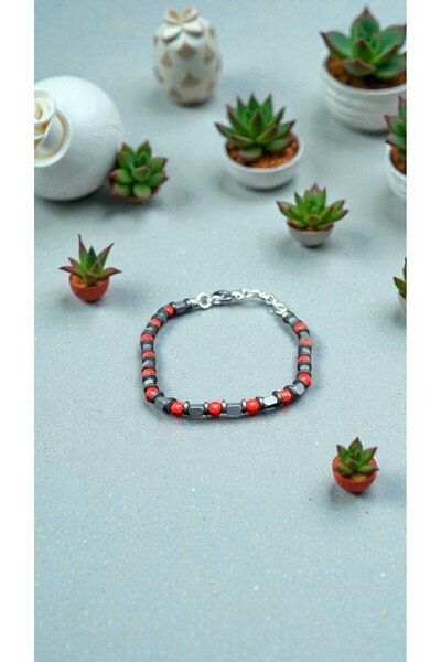 alyacs Red Cube Stone and Hematite Combination Handmade Minimalist Bracelet Silver Color Sterling Chain Unisex