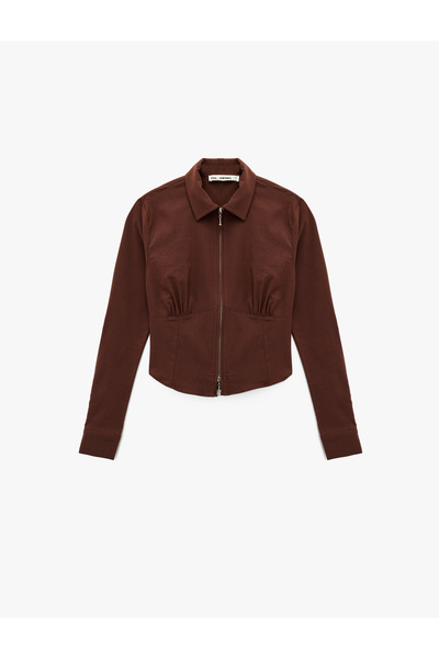 Koton Cămașă cu mânecă lungă, crop, cu fermoar, cu detaliu de corset