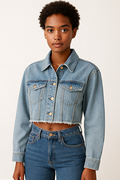 mazelf Crop Denim Jeans Jacket with Pockets, Blue