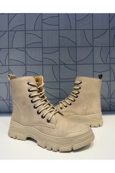 Anıl Ayakkabı Rana Women's Beige Cream Zippered Lace-Up Boots Rubber Non-Slip Sole Sports Casual Boots