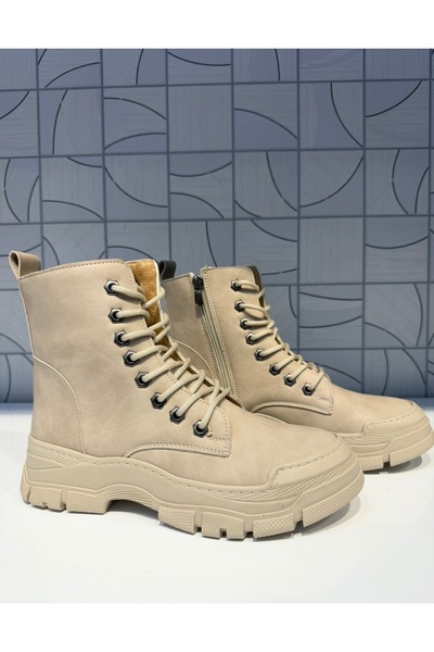 Anıl Ayakkabı Rana Women's Beige Cream Zippered Lace-Up Boots Rubber Non-Slip Sole Sports Casual Boots