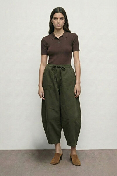 Atölye Güven Women's Khaki Drawstring Waist Patch Pocket Linen Look Balloon Pants - 100% Cotton