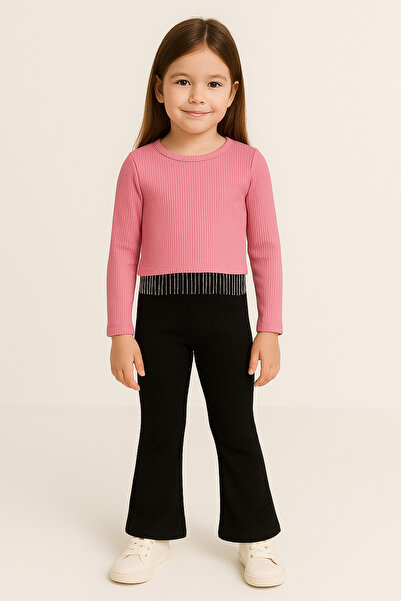 mini kanka 4-12 Years Old Girls' Ribbed Crop Top and Black Flare Pants Combination