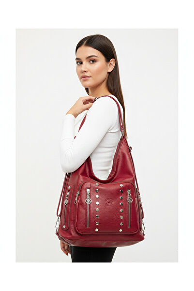 Kılinkır Shallow Model High Quality Soft Leather with Stone Side Pockets Multi-Section Large Size Backpack and Shoulder Bag