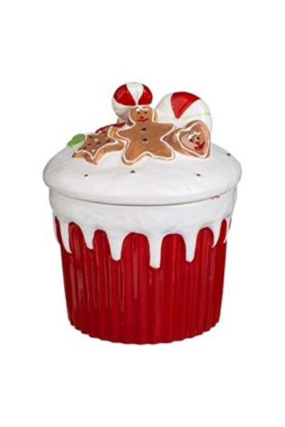 Tessari Borcan de Crăciun din ceramică pentru fursecuri - Cupcake cu capac, bomboane și omuleț de turtă dulce Ø17 x 18 cm