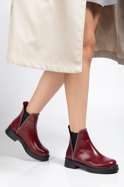 Mida Shoes 02-02 Bordo Kırışık Rugan Taş Aksesuarlı Lastikli Günlük Kadın Bot