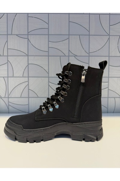 Anıl Ayakkabı Rana Women's Black Crazy Zippered Lace-Up Hook Detail Boots Rubber Non-Slip Sole Sports Casual Boots