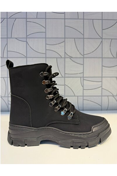 Anıl Ayakkabı Rana Women's Black Crazy Zippered Lace-Up Hook Detail Boots Rubber Non-Slip Sole Sports Casual Boots