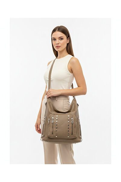 Kılinkır Shallow Model High Quality Soft Leather with Stone Side Pockets Multi-Section Large Size Backpack and Shoulder Bag