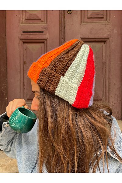 Bohoyasam Çok Renkli, Blok Desenli, Unisex, Sıcak Tutan Kışlık El Örgüsü Bohem Bere