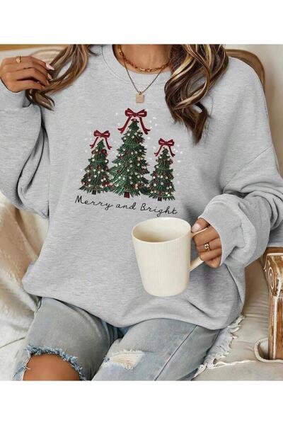 Oceanwear Women's Pine Tree Printed New Year Themed Crew Neck Sweatshirt