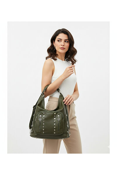 Kılinkır Shallow Model High Quality Soft Leather with Stone Side Pockets Multi-Section Large Size Backpack and Shoulder Bag