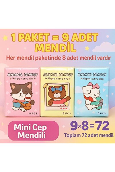 Lİ-ES Animal Family 9lu paket (72 adet) mini cep mendili - Çocuklara Özel Tas...