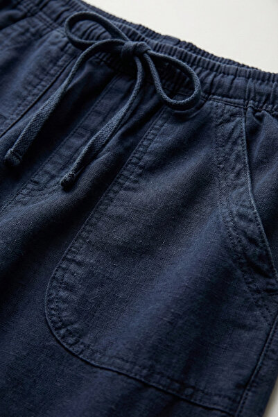 Atölye Güven Women's Navy Blue Drawstring Waist Patch Pocket Linen Look Balloon Cut Trousers