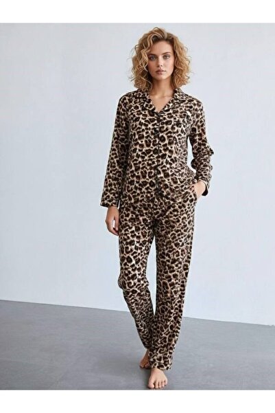 AURASTİL Women's Long Sleeve Button down Leopard Shirt Pajama Set Zeyze