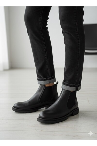 MAKRAS EXCLUSIVE Elastic Genuine Leather Casual Daily Men's Boots Black