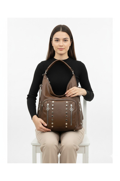 Kılinkır Shallow Model High Quality Soft Leather with Stone Side Pockets Multi-Section Large Size Backpack and Shoulder Bag
