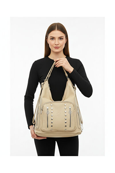 Kılinkır Shallow Model High Quality Soft Leather with Stone Side Pockets Multi-Section Large Size Backpack and Shoulder Bag