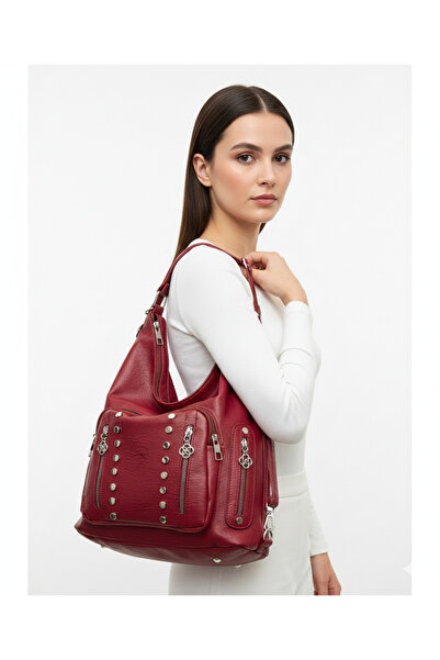 Kılinkır Shallow Model High Quality Soft Leather with Stone Side Pockets Multi-Section Large Size Backpack and Shoulder Bag