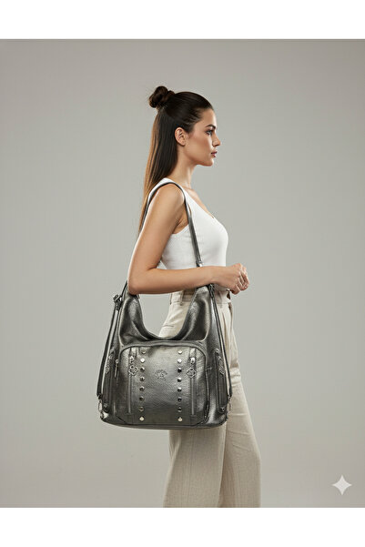 Kılinkır Shallow Model High Quality Soft Leather with Stone Side Pockets Multi-Section Large Size Backpack and Shoulder Bag