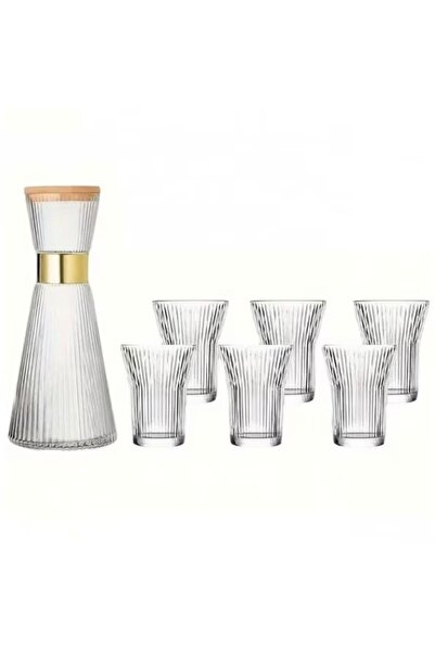 PUFO Carafă specială din sticlă cu capac etanș din bambus și 6 pahare canelate - Set elegant de servire