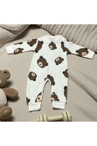 Akcan Ayıcık desenli uzun kollu bebek tulumu