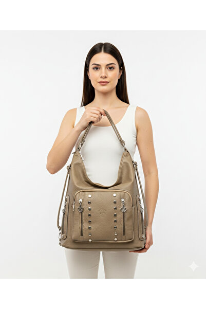 Kılinkır Shallow Model High Quality Soft Leather with Stone Side Pockets Multi-Section Large Size Backpack and Shoulder Bag