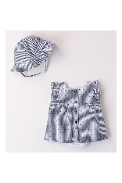minibanda - Cotton dress and hat set for girls, white-blue stripes, 86 cm