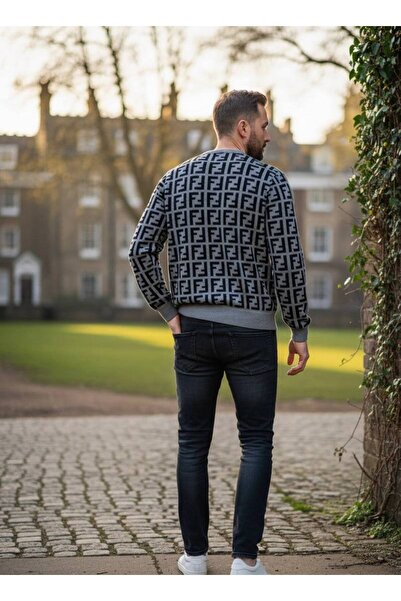 YusGos Men's Crew Neck Steel Knit High Quality Letter Pattern Sweater