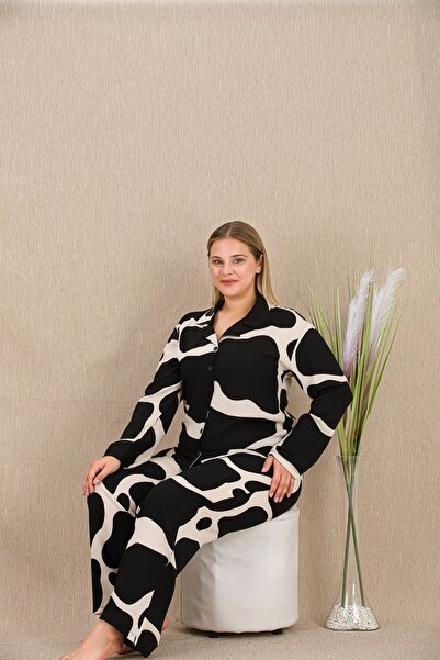 lidofya Dalmatian Patterned Buttoned Belmando Viscose Plus Size Pajama Set