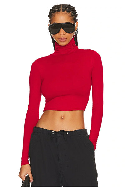 bysoca Kadın Kırmızı Balıkçı Yaka Uzun Kol Çift Kat İpek Jarse Basic Crop Top