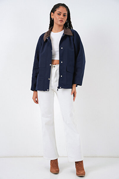 Bigdart Women's Pocket Detailed Oversized Jacket 5973 - Navy Blue