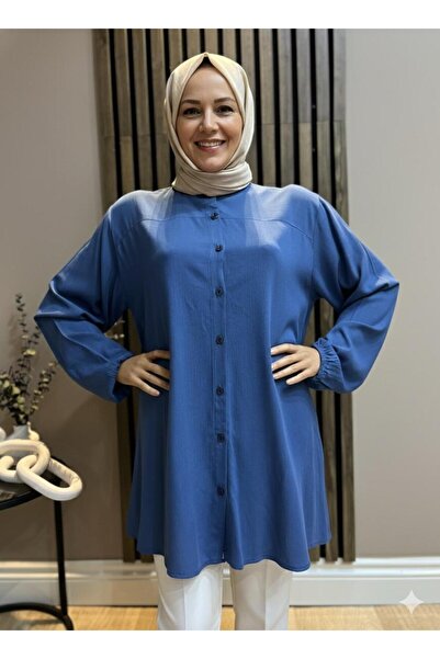AKMAVİ Kadın Tesettür Giyim Hakim Yaka Pamuk Gömlek