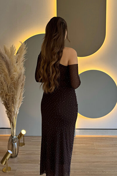 Aventien One Shoulder Stone Brown Tulle Dress