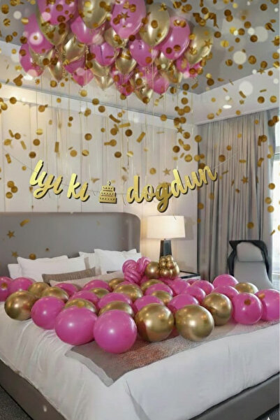 Baloncu Demmo 10 Pink Balloons, 10 Gold Metallic Balloons, Happy Birthday Ban...