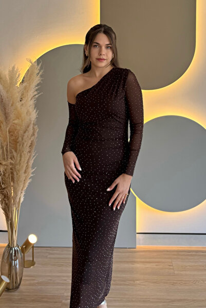 Aventien One Shoulder Stone Brown Tulle Dress