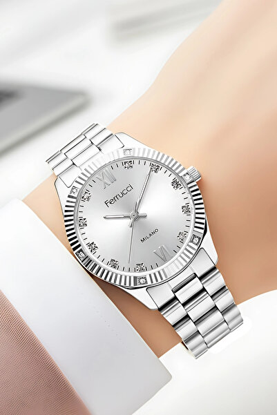 Ferrucci Jubilee Cord Steel Case Women Wristwatch, Bracelet Gift Silver Color Zmfer209