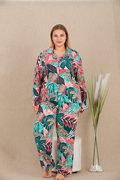 lidofya Multi-Colored Patterned Buttoned Belmando Viscose Plus Size Pajama Set