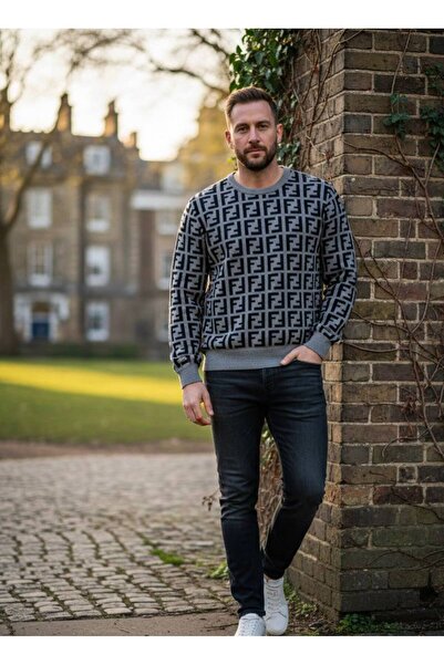 YusGos Men's Crew Neck Steel Knit High Quality Letter Pattern Sweater