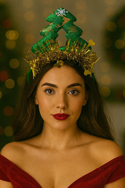 Jaida Moda Γυναικεία Πρωτοχρονιάτικη Πρωτοχρονιάτικη Στέμμα με Πράσινη Φιγούρα Πεύκου και Κίτρινη Φούντα