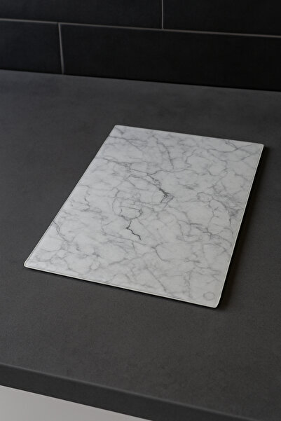 Albergio Glass Cutting Board Large Size 38X28 – Marble Pattern, Non-Slip Sili...