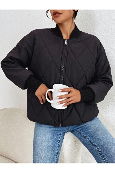 FASHION Kadın Baklava Desenli Kapitone Kısa Mont