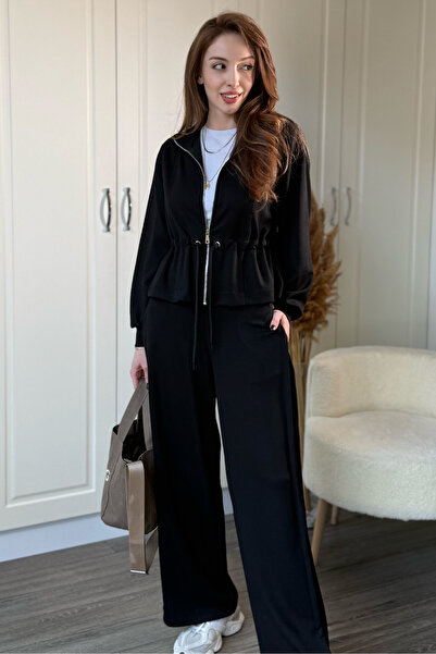 Dilay Gökoğlu Butik Modal Fabric Wide Leg Waist Ruched Detail Cardigan Trouser Set