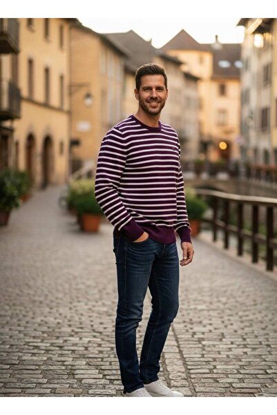 YusGos Men's Crew Neck Steel Knit High Quality Striped Sweater