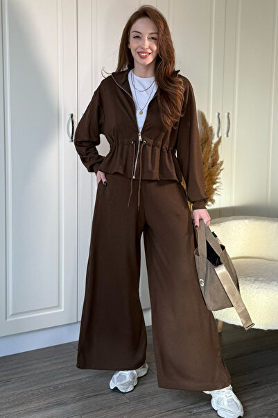 Dilay Gökoğlu Butik Σετ καφέ παντελόνι με φαρδιά μέση λεπτομέρεια με σούρες από ύφασμα Modal